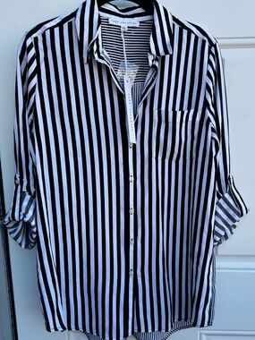 Jane and Delancey Black White Stripe Roll Tab Long Sleeve Button-Up Rayon Shirt